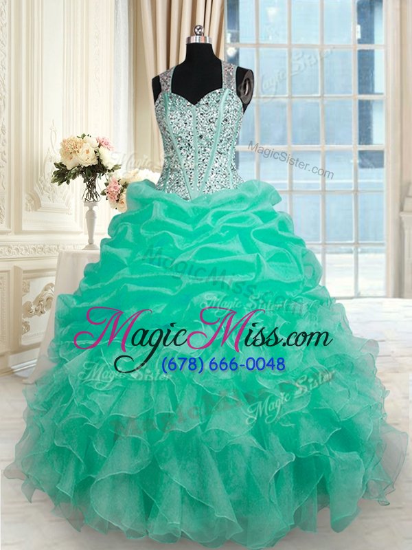 wholesale turquoise ball gowns beading and ruffles quinceanera dresses zipper organza sleeveless floor length
