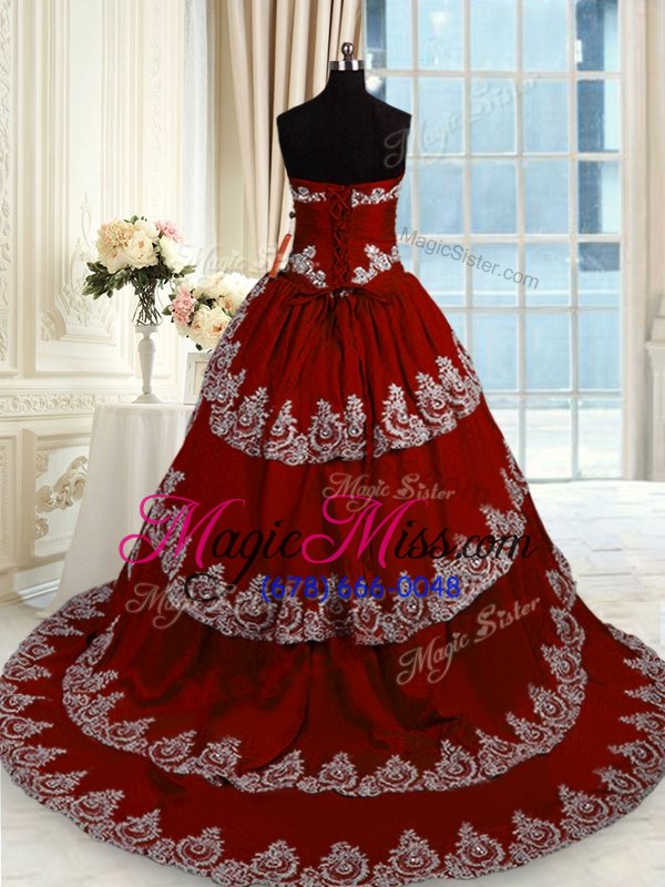 wholesale sleeveless with train beading and appliques and ruffled layers lace up vestidos de quinceanera with wine red court train