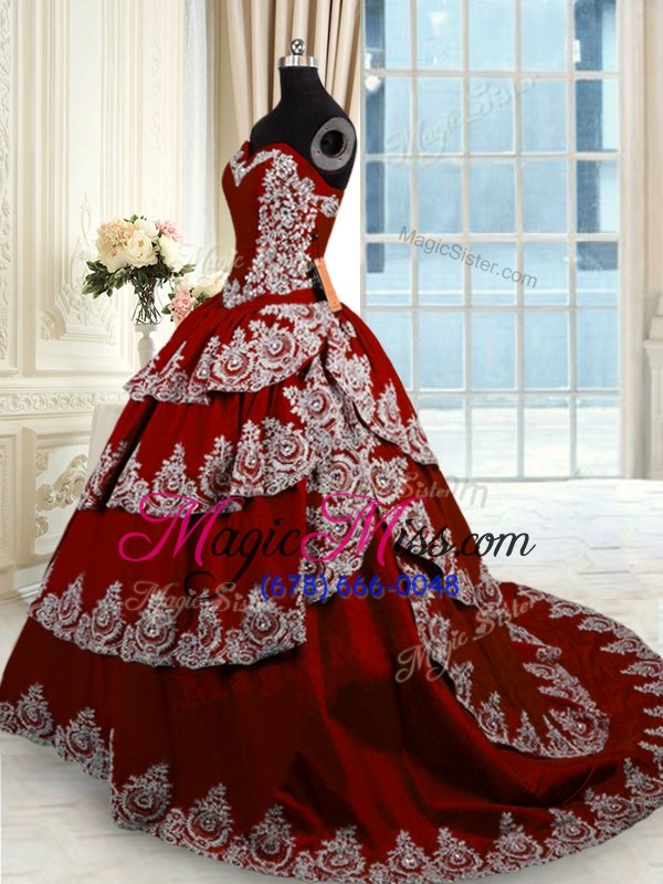 wholesale sleeveless with train beading and appliques and ruffled layers lace up vestidos de quinceanera with wine red court train