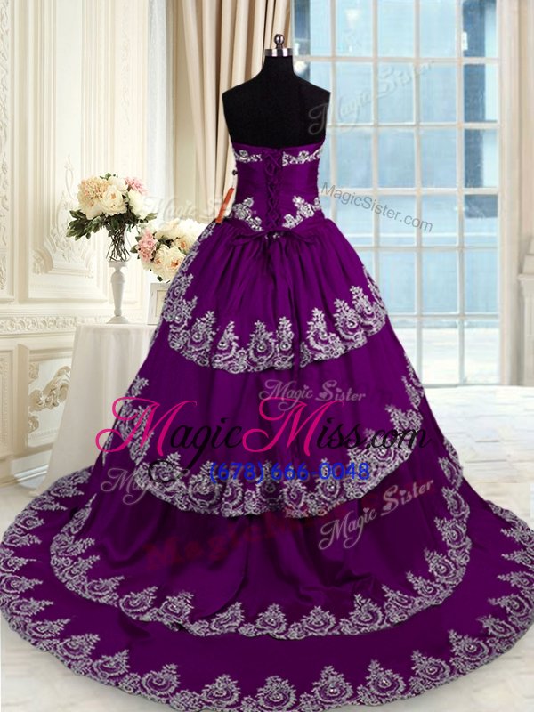 wholesale delicate ruffled court train ball gowns 15th birthday dress purple sweetheart taffeta sleeveless with train lace up