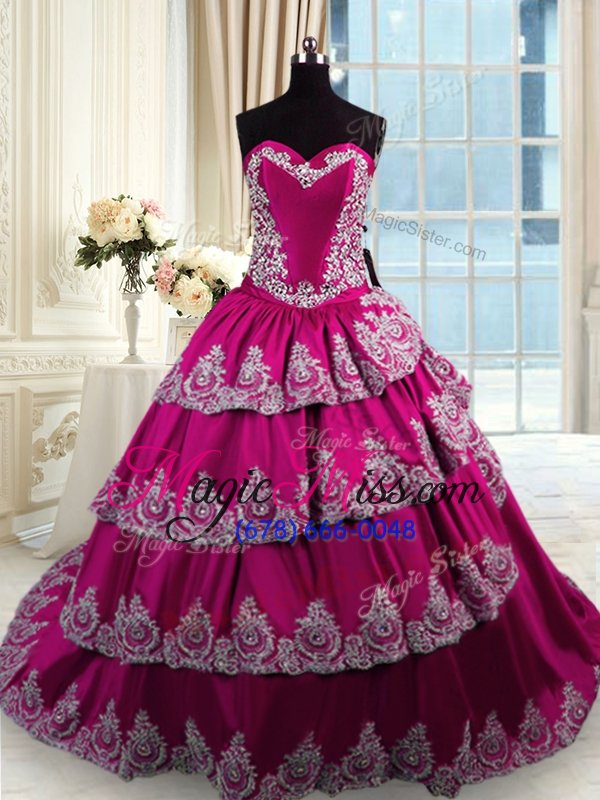 wholesale fancy fuchsia ball gowns sweetheart sleeveless taffeta with train court train lace up beading and appliques and embroidery and ruffled layers sweet 16 dresses