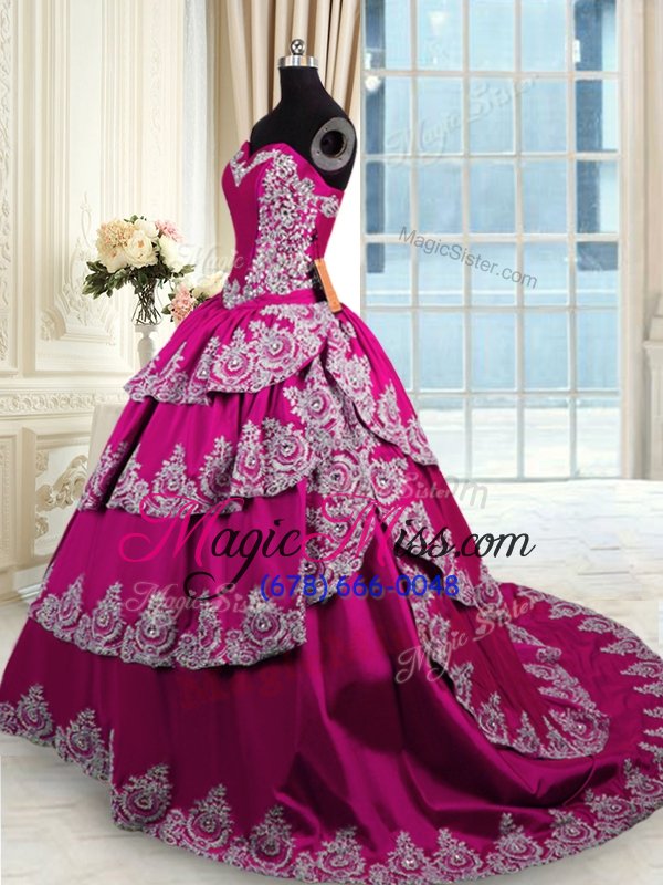 wholesale fancy fuchsia ball gowns sweetheart sleeveless taffeta with train court train lace up beading and appliques and embroidery and ruffled layers sweet 16 dresses
