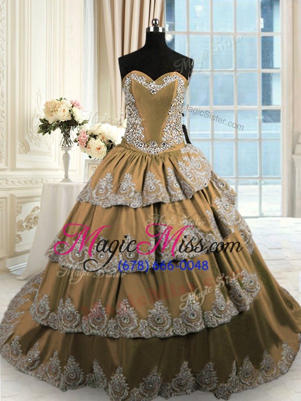 wholesale inexpensive brown 15th birthday dress military ball and sweet 16 and quinceanera and for with beading and appliques and ruffled layers sweetheart sleeveless court train lace up