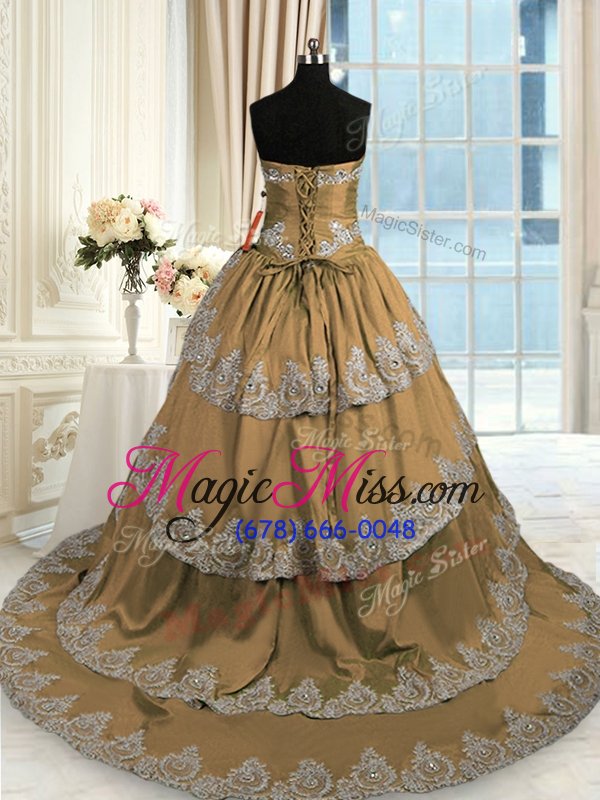 wholesale inexpensive brown 15th birthday dress military ball and sweet 16 and quinceanera and for with beading and appliques and ruffled layers sweetheart sleeveless court train lace up