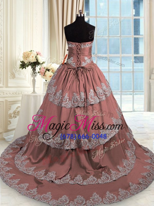wholesale discount brown taffeta lace up quince ball gowns sleeveless with train court train beading and appliques and ruffled layers