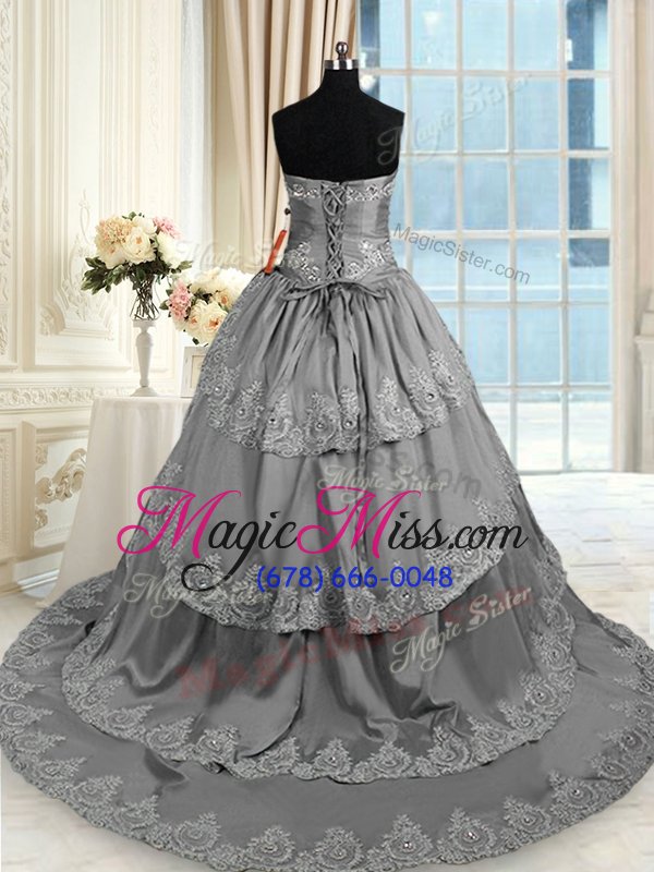 wholesale wonderful ruffled with train ball gowns sleeveless grey vestidos de quinceanera court train lace up