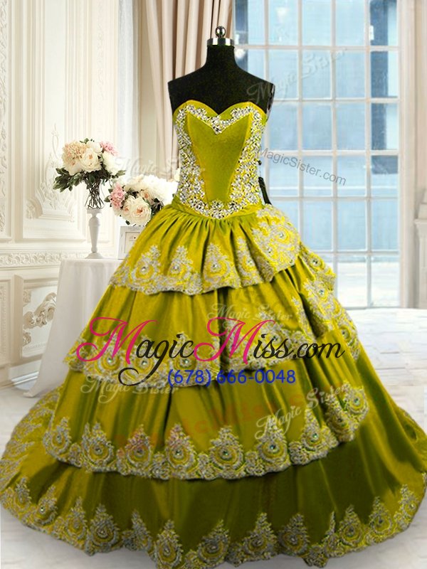 wholesale most popular olive green sweetheart neckline beading and appliques and ruffled layers 15th birthday dress sleeveless lace up