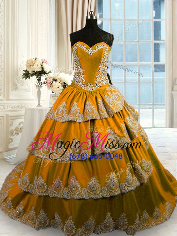 wholesale affordable ruffled with train gold 15 quinceanera dress sweetheart sleeveless court train lace up