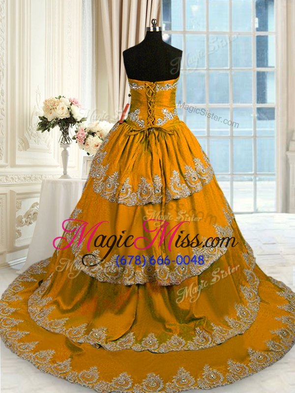 wholesale affordable ruffled with train gold 15 quinceanera dress sweetheart sleeveless court train lace up