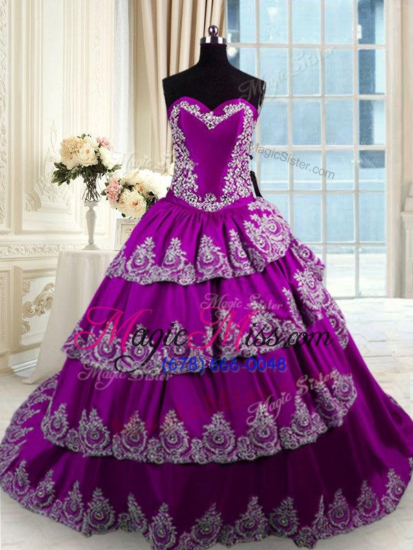 wholesale customized eggplant purple taffeta lace up quinceanera dresses sleeveless with train beading and appliques and ruffled layers
