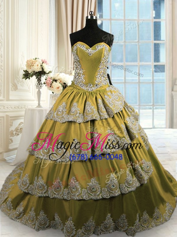 wholesale olive green satin lace up quinceanera gowns sleeveless with train beading and appliques and ruffled layers