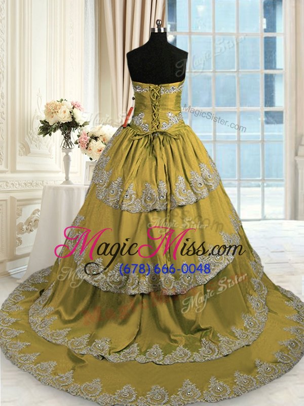 wholesale olive green satin lace up quinceanera gowns sleeveless with train beading and appliques and ruffled layers