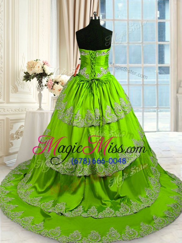 wholesale pretty with train lace up quince ball gowns green and in for military ball and sweet 16 and quinceanera with beading and appliques and ruffled layers court train
