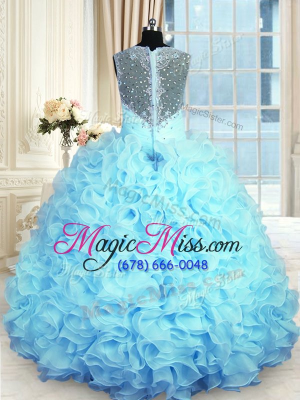 wholesale stylish aqua blue organza zipper 15th birthday dress sleeveless floor length beading and ruffles