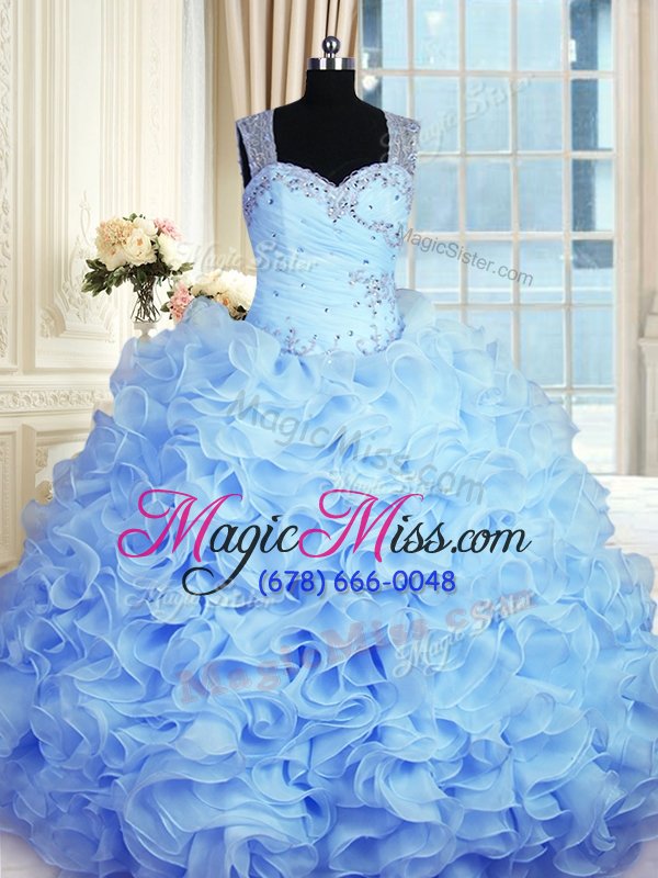wholesale clearance beading and ruffles quinceanera gown baby blue zipper sleeveless floor length