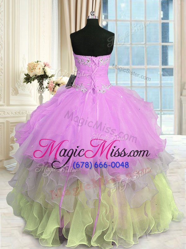 wholesale unique floor length multi-color quinceanera dresses organza sleeveless appliques and ruffled layers