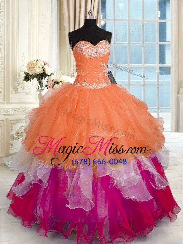 wholesale new style sleeveless organza floor length lace up ball gown prom dress in multi-color for with beading and ruffled layers