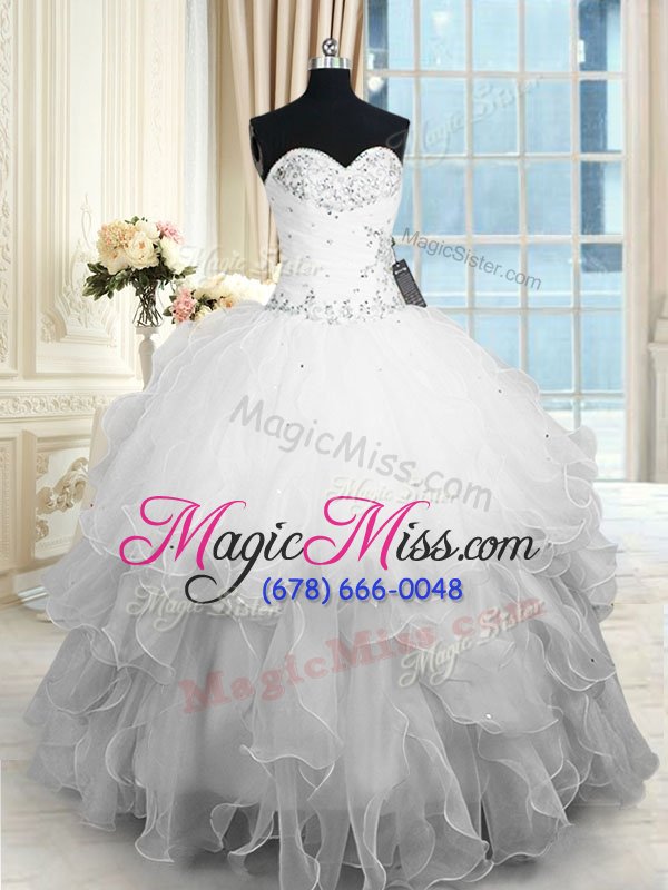 wholesale best selling white organza lace up quinceanera gowns sleeveless floor length beading and ruffles
