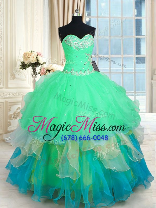 wholesale multi-color lace up quinceanera dress beading and appliques and ruffles sleeveless floor length