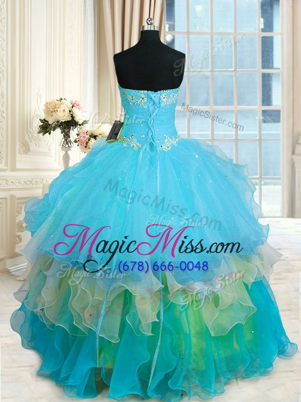 wholesale custom design multi-color organza lace up quinceanera gown sleeveless floor length beading and ruffled layers