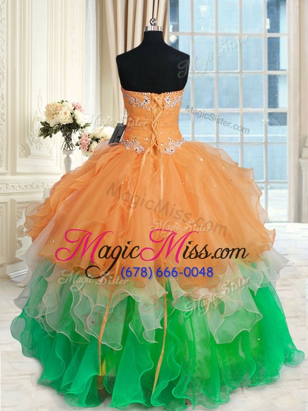 wholesale hot selling multi-color ball gowns organza sweetheart sleeveless beading and ruffles floor length lace up quinceanera dress