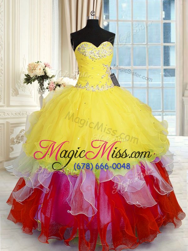 wholesale sleeveless organza floor length lace up sweet 16 dress in multi-color for with beading and ruffles