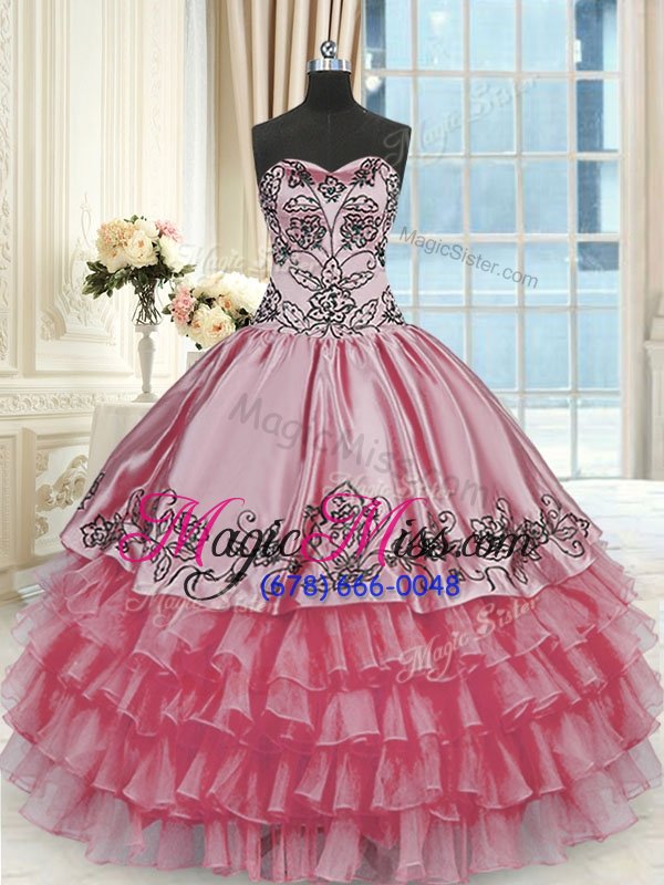 wholesale low price rose pink lace up 15 quinceanera dress beading and embroidery and ruffled layers sleeveless floor length