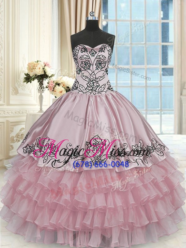 wholesale deluxe ruffled pink sleeveless organza and taffeta lace up ball gown prom dress for military ball and sweet 16 and quinceanera