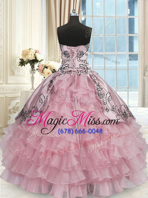 wholesale deluxe ruffled pink sleeveless organza and taffeta lace up ball gown prom dress for military ball and sweet 16 and quinceanera