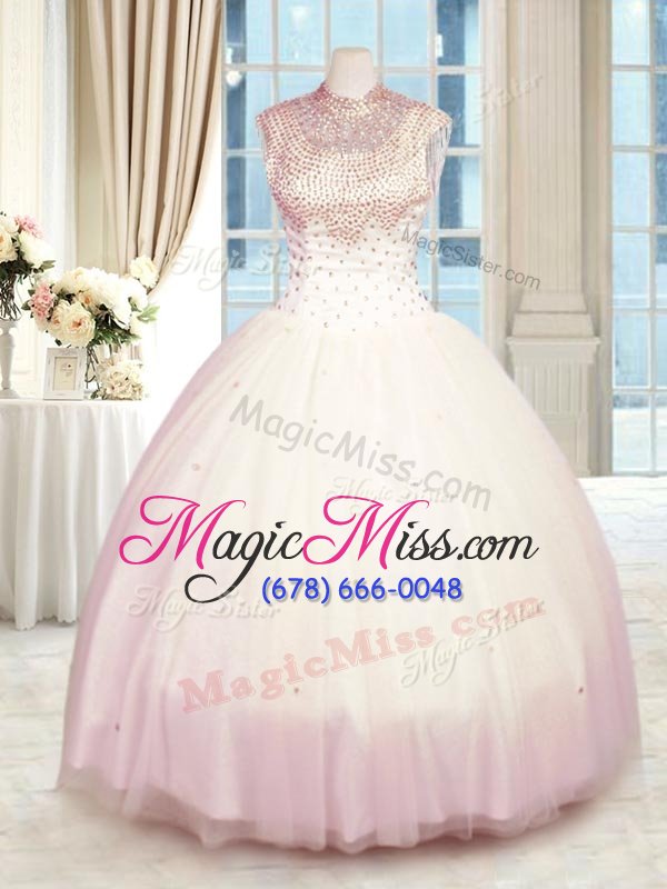 wholesale beauteous baby pink high-neck neckline beading ball gown prom dress sleeveless zipper