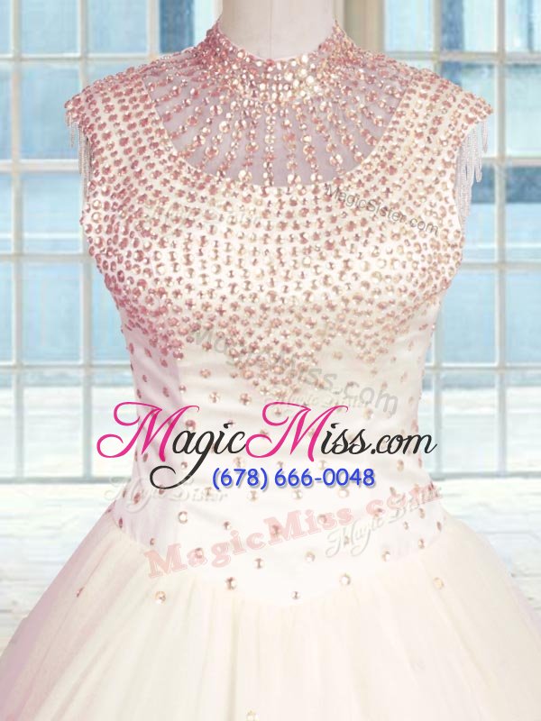 wholesale beauteous baby pink high-neck neckline beading ball gown prom dress sleeveless zipper