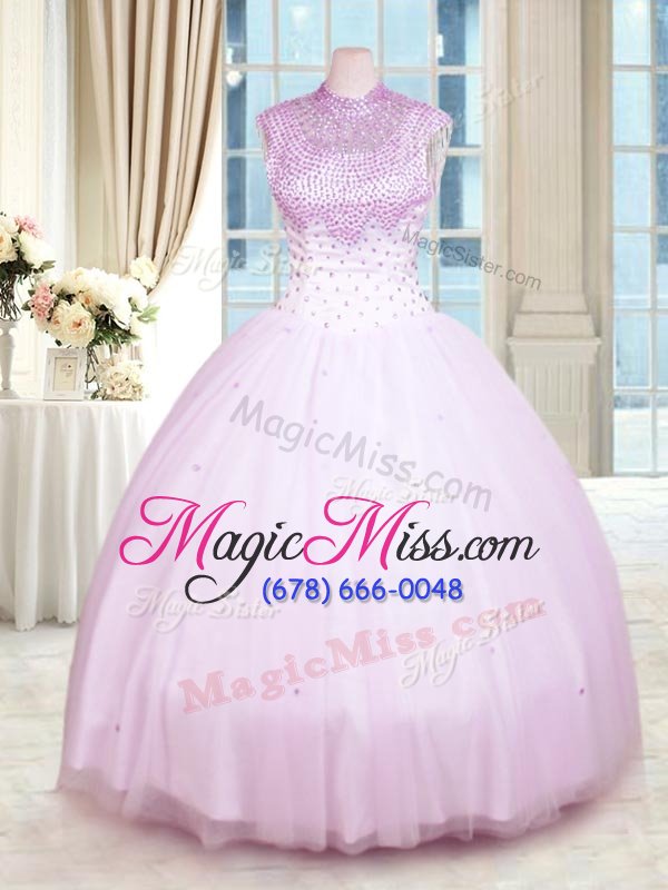 wholesale ball gowns quinceanera dress lilac high-neck tulle sleeveless floor length zipper