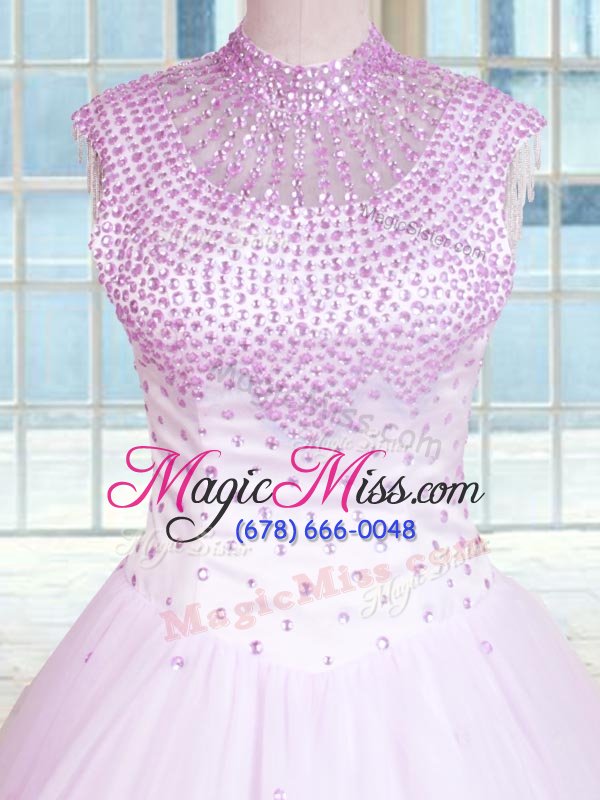wholesale ball gowns quinceanera dress lilac high-neck tulle sleeveless floor length zipper