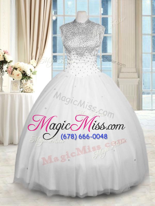 wholesale super sleeveless tulle floor length zipper 15 quinceanera dress in white for with beading