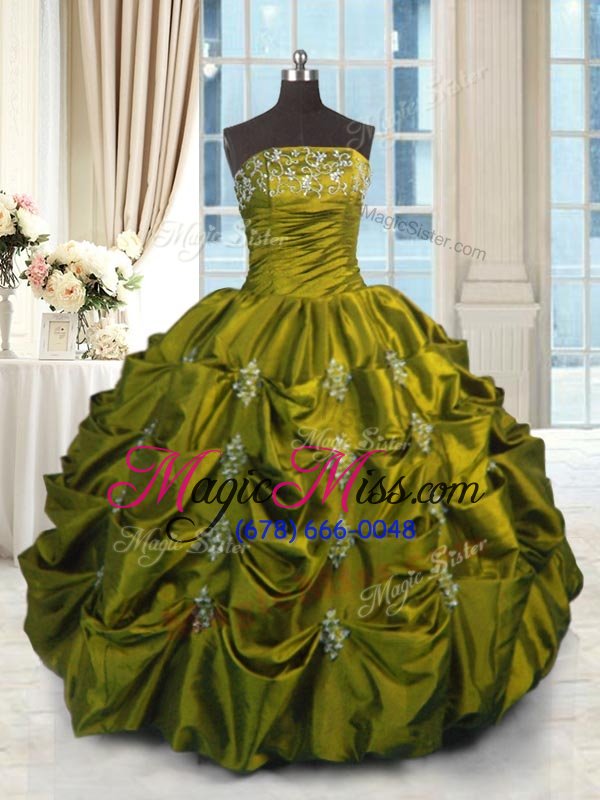 wholesale green quinceanera dress military ball and sweet 16 and quinceanera and for with beading and appliques and embroidery and pick ups strapless sleeveless lace up