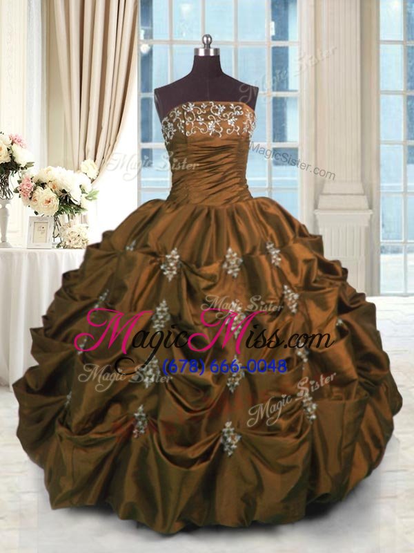 wholesale new arrival brown ball gowns strapless sleeveless taffeta floor length lace up beading and pick ups ball gown prom dress