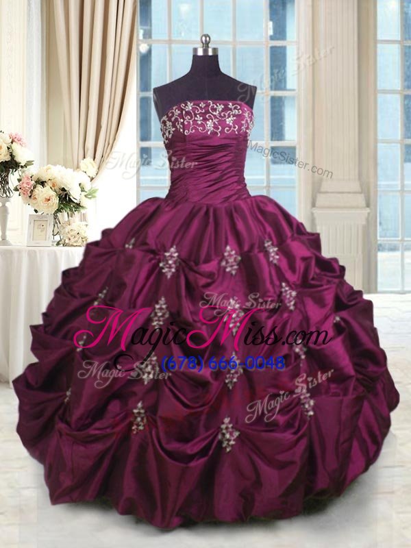 wholesale perfect fuchsia taffeta lace up 15 quinceanera dress sleeveless floor length beading and appliques and embroidery and pick ups