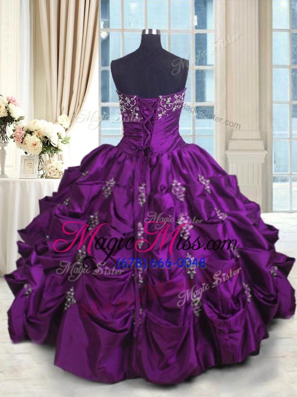 wholesale high quality eggplant purple ball gowns beading and appliques and embroidery and pick ups 15 quinceanera dress lace up taffeta sleeveless floor length