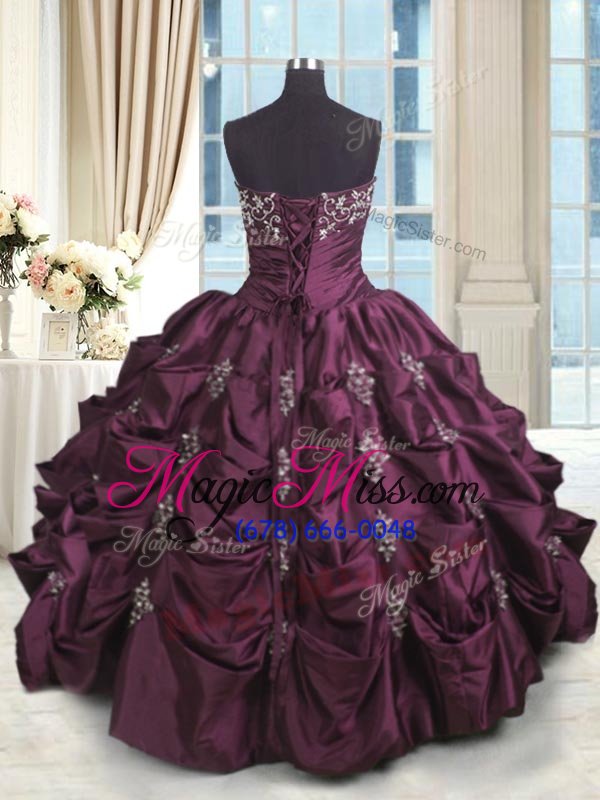 wholesale sleeveless taffeta floor length lace up sweet 16 dresses in purple for with beading and appliques and embroidery and pick ups