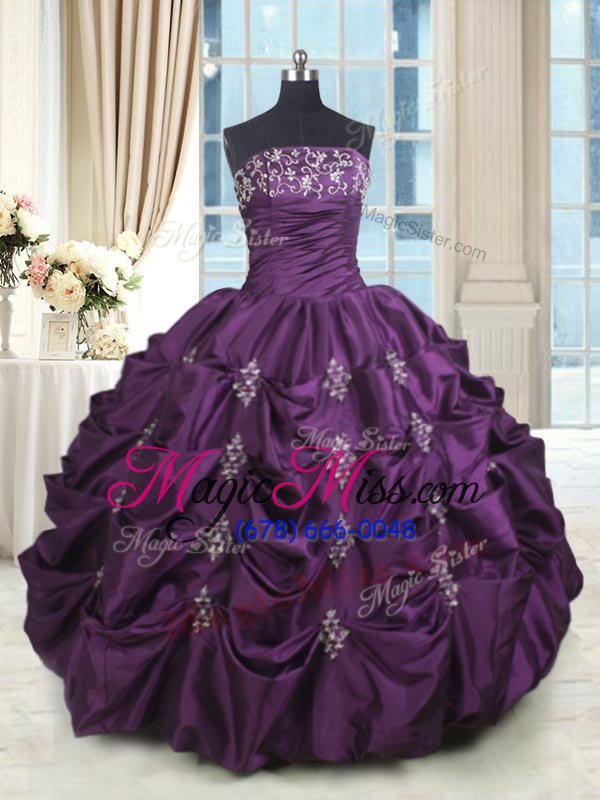 wholesale amazing eggplant purple lace up sweet 16 dress beading and appliques and embroidery and pick ups sleeveless floor length