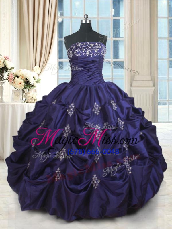 wholesale attractive purple sleeveless floor length beading and appliques and embroidery and pick ups lace up quinceanera dresses
