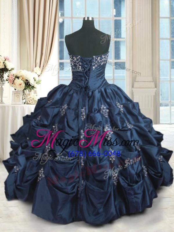 wholesale navy blue taffeta lace up strapless sleeveless floor length sweet 16 quinceanera dress beading and pick ups