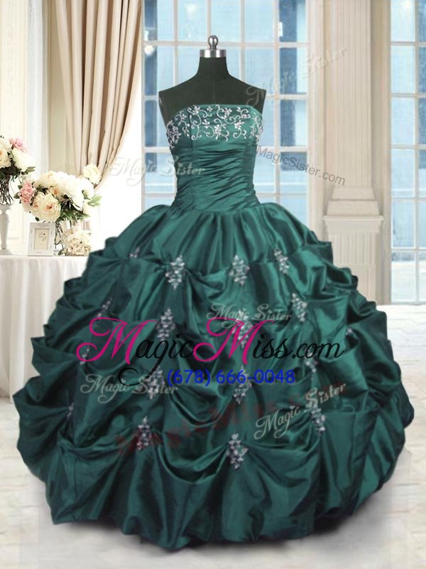 wholesale sexy pick ups ball gowns quince ball gowns peacock green strapless taffeta sleeveless floor length lace up