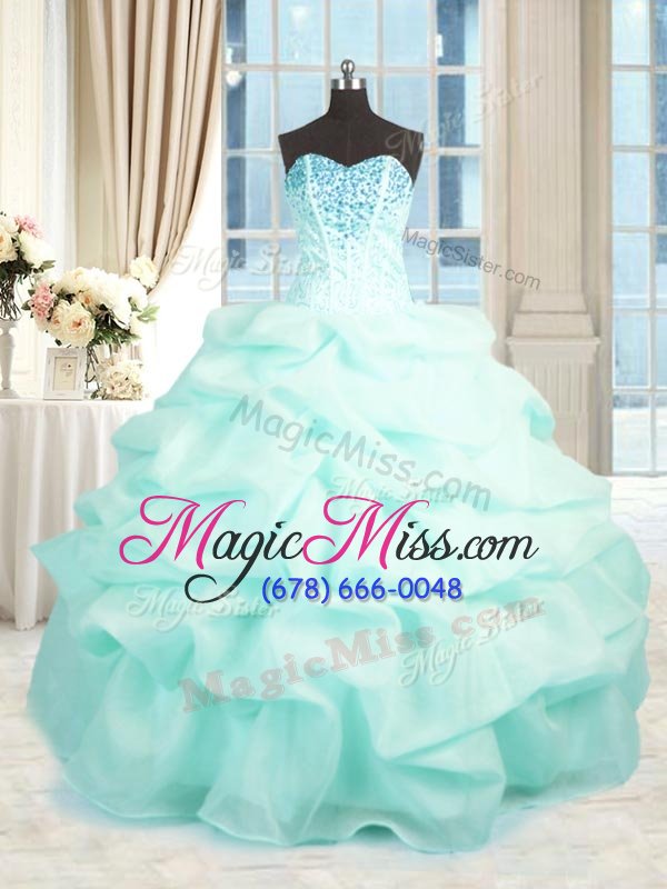 wholesale ideal aqua blue organza lace up sweetheart sleeveless floor length sweet 16 dress beading and ruffles