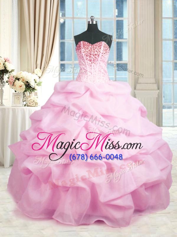 wholesale inexpensive floor length pink sweet 16 dress organza sleeveless beading and ruffles