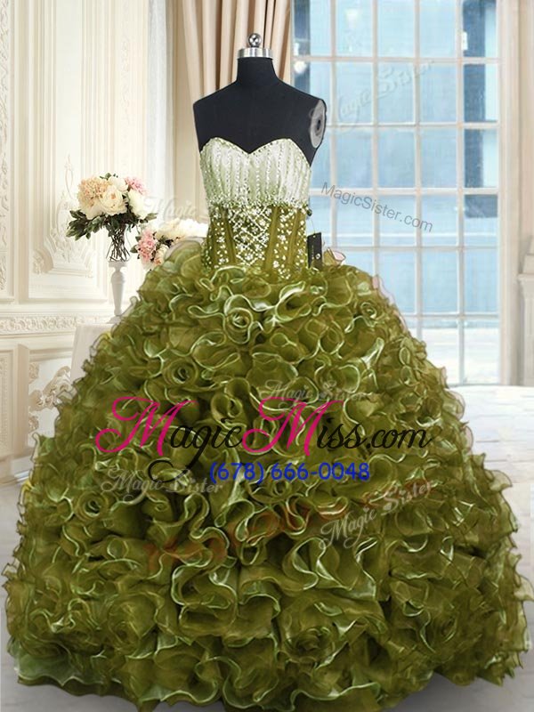 wholesale low price olive green sleeveless brush train beading and ruffles with train sweet 16 dress