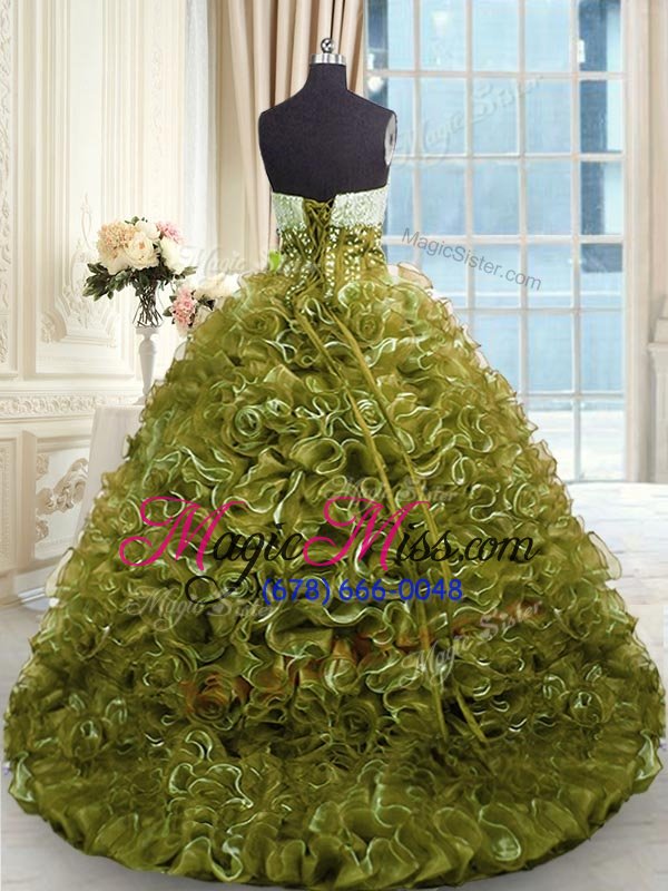 wholesale low price olive green sleeveless brush train beading and ruffles with train sweet 16 dress