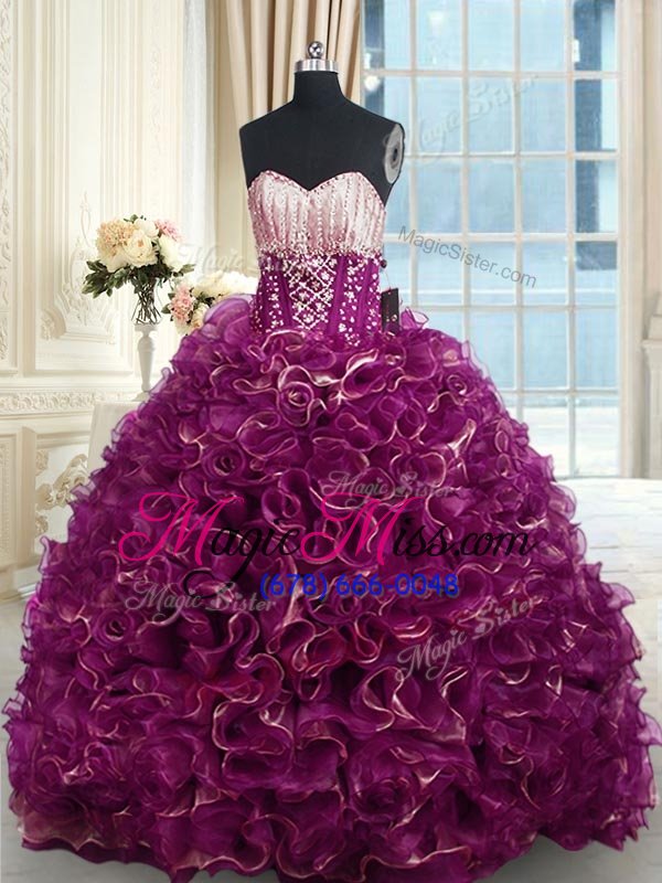 wholesale fancy beading and ruffles sweet 16 dresses fuchsia lace up sleeveless with brush train