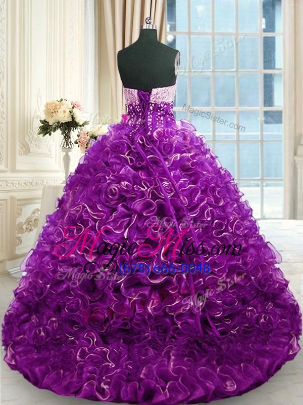 wholesale low price beading and ruffles 15 quinceanera dress purple lace up sleeveless with brush train
