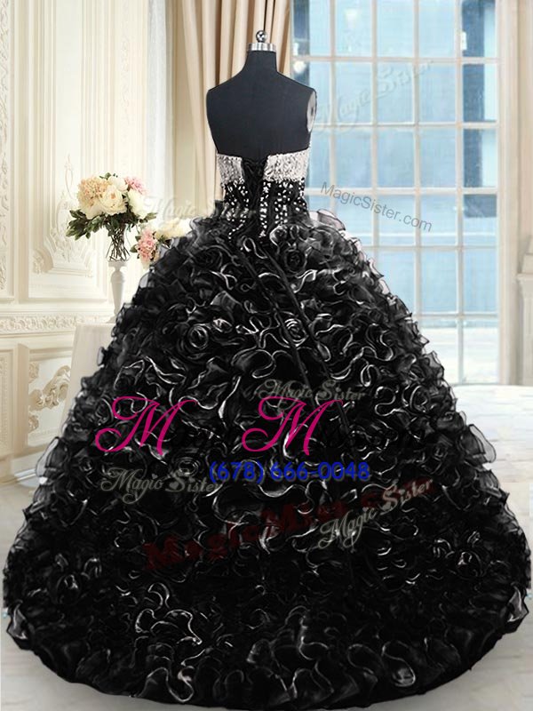 wholesale pretty black sleeveless with train beading and ruffles lace up quinceanera gowns